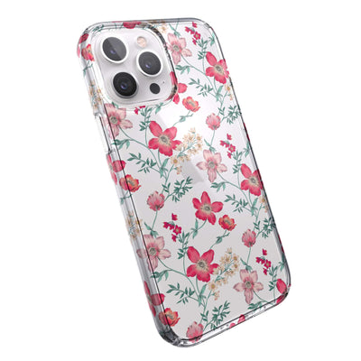 Tilted three-quarter angled view of back of phone case#color_clear-floral-vine