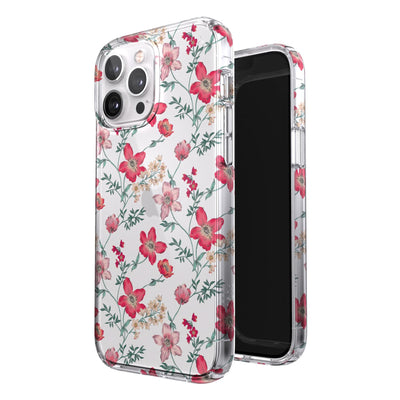 Three-quarter view of back of phone case simultaneously shown with three-quarter front view of phone case#color_clear-floral-vine