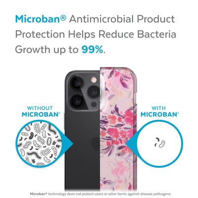 Back view, half without case, other with case, less germs on case - Microban antimicrobial product protection helps reduce bacteria growth up to 99%.#color_clear-fall-floral