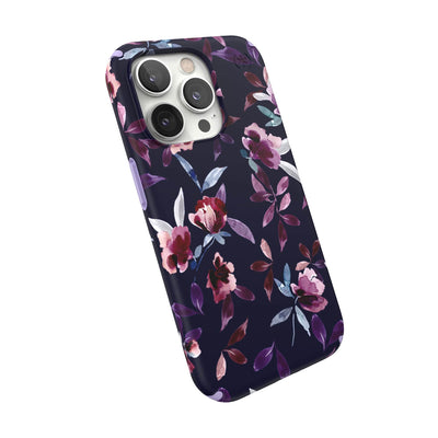 Tilted three-quarter angled view of back of phone case#color_spring-purple-violet-floral