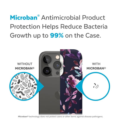 Back view, half without case, other with case, less germs on case - Microban antimicrobial product protection helps reduce bacteria growth up to 99% on the case.#color_spring-purple-violet-floral