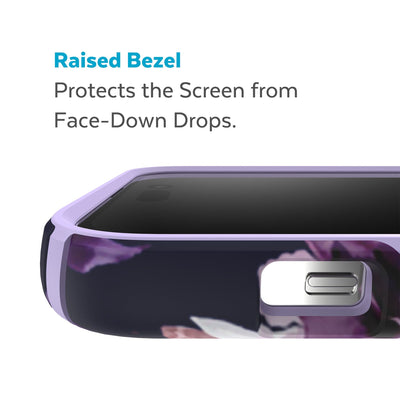 View of top of phone case laying on its back - Raised bezel protects the screen from face-down drops.#color_spring-purple-violet-floral