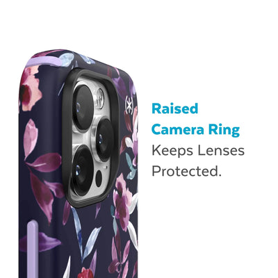 Slightly tilted view of side of phone case showing phone cameras - Raised camera ring keeps lenses protected.#color_spring-purple-violet-floral