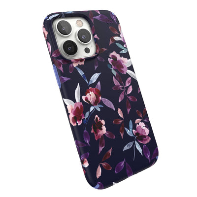 Tilted three-quarter angled view of back of phone case#color_spring-purple-violet-floral