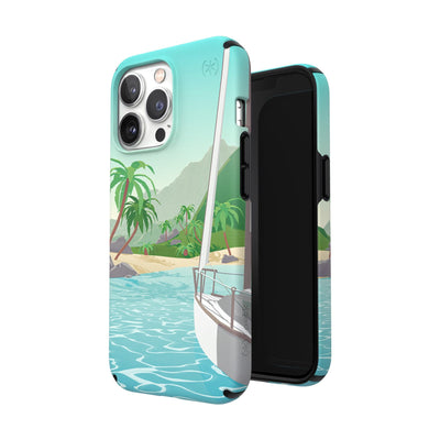 Three-quarter view of back of phone case simultaneously shown with three-quarter front view of phone case#color_sailing-away
