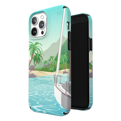 Three-quarter view of back of phone case simultaneously shown with three-quarter front view of phone case#color_sailing-away