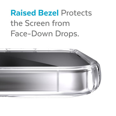 View of top of phone case laying on its back - Raised bezel protects the screen from face-down drops.#color_clear