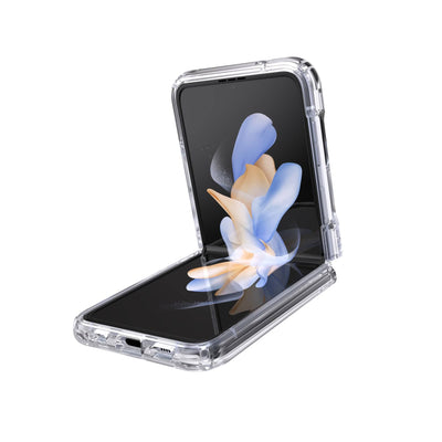 Three-quarter view of flip phone with case half open