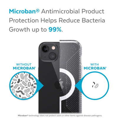 Back view, half without case, other with case, less germs on case - Microban antimicrobial product protection helps reduce bacteria growth up to 99%.#color_clear-platinum-glitter