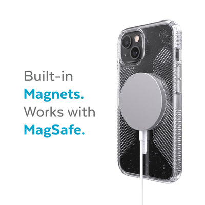 Three-quarter view of back of phone case with MagSafe charger attached - Built-in magnets. Works with MagSafe.#color_clear-platinum-glitter