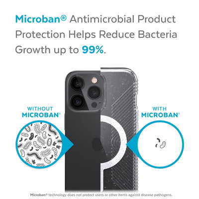 Back view, half without case, other with case, less germs on case - Microban antimicrobial product protection helps reduce bacteria growth up to 99%.#color_clear-platinum-glitter