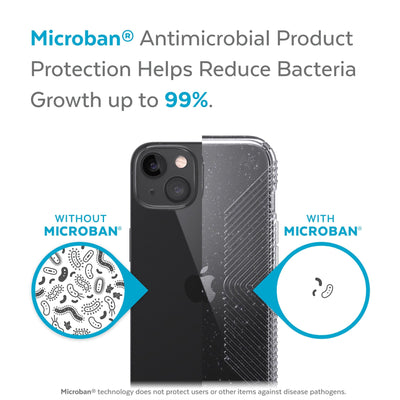 Back view, half without case, other with case, less germs on case - Microban antimicrobial product protection helps reduce bacteria growth up to 99%.#color_clear-platinum-glitter