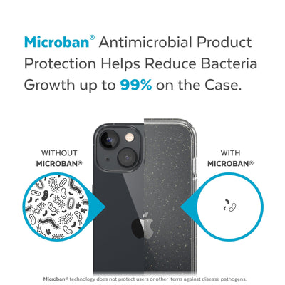 Back view, half without case, other with case, less germs on case - Microban antimicrobial product protection helps reduce bacteria growth up to 99% on the case.#color_clear-gold-glitter