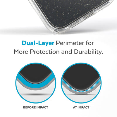 View of corner of phone case impacting ground with illustrations showing before and after impacat - Dual layer perimeter for more protection and durability.#color_clear-gold-glitter