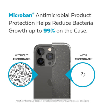 Back view, half without case, other with case, less germs on case - Microban antimicrobial product protection helps reduce bacteria growth up to 99% on the case.#color_clear-gold-glitter