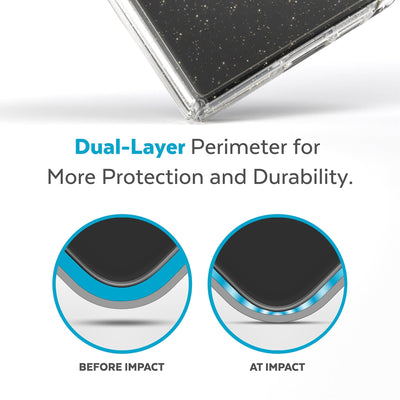 View of corner of phone case impacting ground with illustrations showing before and after impact - Dual layer perimeter for more protection and durability.
