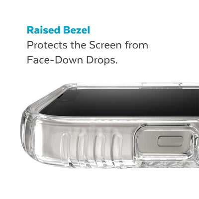 View of top of phone case laying on its back - Raised bezel protects the screen from face-down drops.#color_clear