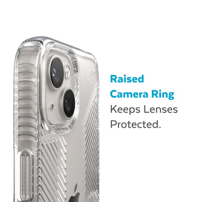 Slightly tilted view of side of phone case showing phone cameras - Raised camera ring keeps lenses protected.#color_clear