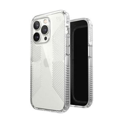 Three-quarter view of back of phone case simultaneously shown with three-quarter front view of phone case#color_clear