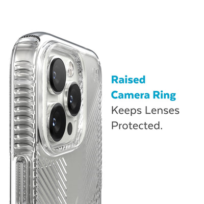 Slightly tilted view of side of phone case showing phone cameras - Raised camera ring keeps lenses protected.#color_clear