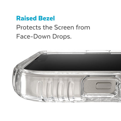 View of top of phone case laying on its back - Raised bezel protects the screen from face-down drops.#color_clear-silver