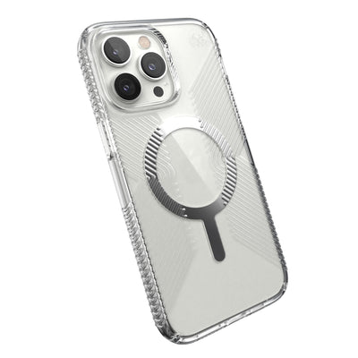 Tilted three-quarter angled view of back of phone case#color_clear-silver