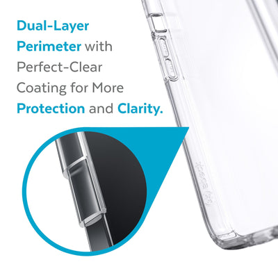 View of interior of phone case with close up on cutaway of side wall - Dual-layer perimeter with Perfect-Clear coating for more protection and clarity.#color_clear