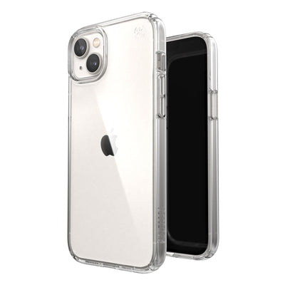 Three-quarter view of back of phone case simultaneously shown with three-quarter front view of phone case#color_clear