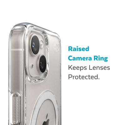 Slightly tilted view of side of phone case showing phone cameras - Raised camera ring keeps lenses protected.#color_clear-white