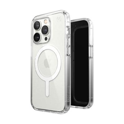 Three-quarter view of back of phone case simultaneously shown with three-quarter front view of phone case#color_clear-white