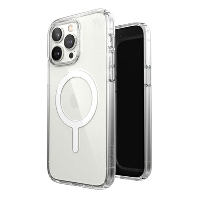 Three-quarter view of back of phone case simultaneously shown with three-quarter front view of phone case#color_clear-white
