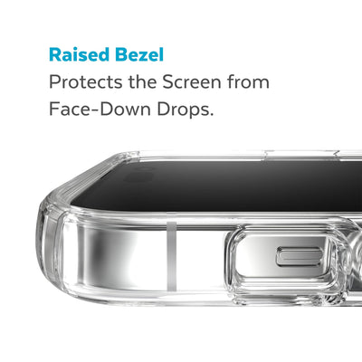 View of top of phone case laying on its back - Raised bezel protects the screen from face-down drops.#color_clear-silver