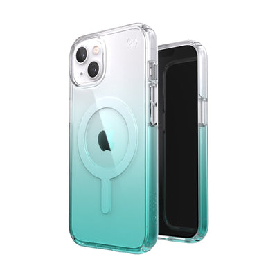 Three-quarter view of back of phone case simultaneously shown with three-quarter front view of phone case.#color_clear-fantasy-teal-fade