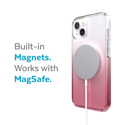Three-quarter view of back of phone case with MagSafe charger attached - Built-in magnets. Works with MagSafe.#color_clear-vintage-rose-fade