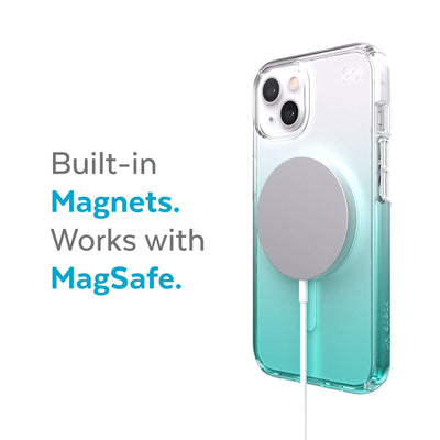 Three-quarter view of back of phone case with MagSafe charger attached - Built-in magnets. Works with MagSafe.#color_clear-fantasy-teal-fade