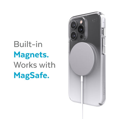 Three-quarter view of back of phone case with MagSafe charger attached - Built-in magnets. Works with MagSafe.#color_clear-atmosphere-fade
