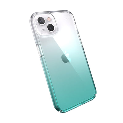 Tilted three-quarter angled view of back of phone case#color_clear-fantasy-teal-fade