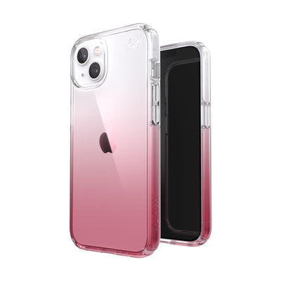 Three-quarter view of back of phone case simultaneously shown with three-quarter front view of phone case.#color_clear-vintage-rose-fade