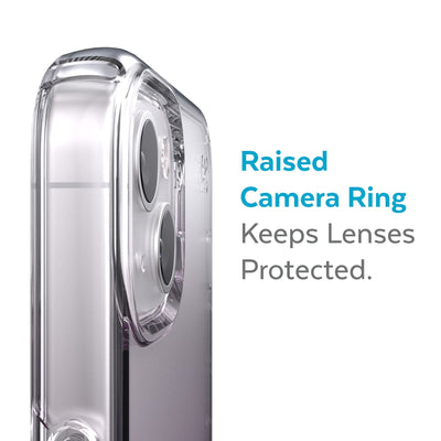 Slightly tilted view of side of phone case showing phone cameras - Raised camera ring keeps lenses protected.#color_clear-aurora-fade