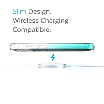 Side view of phone case over wireless charger - Slim design. Wireless charging compatible.#color_clear-fantasy-teal-fade