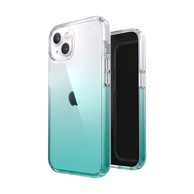 Three-quarter view of back of phone case simultaneously shown with three-quarter front view of phone case.#color_clear-fantasy-teal-fade