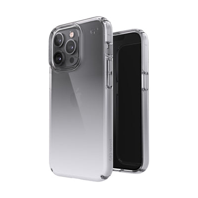 Three-quarter view of back of phone case simultaneously shown with three-quarter front view of phone case.#color_clear-atmosphere-fade