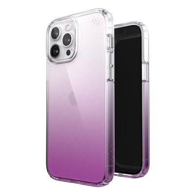 Three-quarter view of back of phone case simultaneously shown with three-quarter front view of phone case.#color_clear-aurora-fade