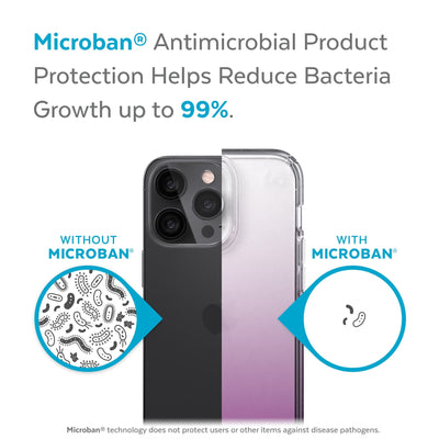 Back view, half without case, other with case, less germs on case - Microban antimicrobial product protection helps reduce bacteria growth up to 99%.#color_clear-aurora-fade