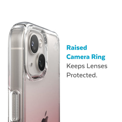 Slightly tilted view of side of phone case showing phone cameras - Raised camera ring keeps lenses protected.#color_clear-vintage-rose-fade