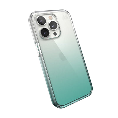 Tilted three-quarter angled view of back of phone case#color_clear-fantasy-teal-fade