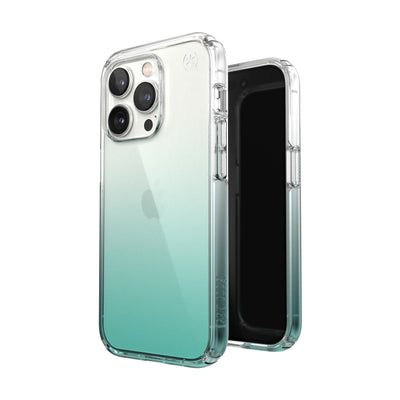 Three-quarter view of back of phone case simultaneously shown with three-quarter front view of phone case#color_clear-fantasy-teal-fade