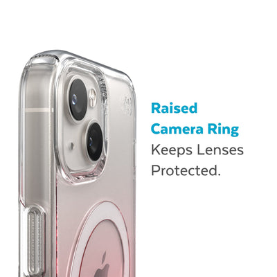 Slightly tilted view of side of phone case showing phone cameras - Raised camera ring keeps lenses protected.#color_clear-vintage-rose-fade