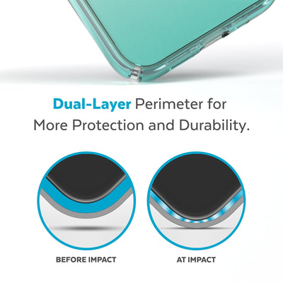View of corner of phone case impacting ground with illustrations showing before and after impacat - Dual layer perimeter for more protection and durability.#color_clear-fantasy-teal-fade