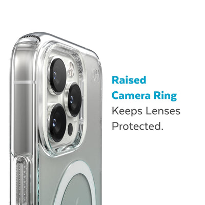 Slightly tilted view of side of phone case showing phone cameras - Raised camera ring keeps lenses protected.#color_clear-fantasy-teal-fade